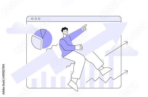 Business and growth success concept, Businessman sitting on top of big arrow and moving growth. Flat vector illustration.