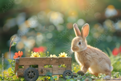 Adorable bunny with wooden cart in blossoming garden photo