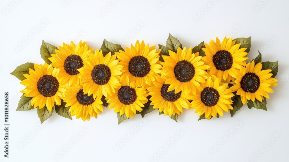 Fototapeta premium A cluster of sunflowers, each with vibrant yellow petals, arranged against a white background, emphasizing brightness and joy.