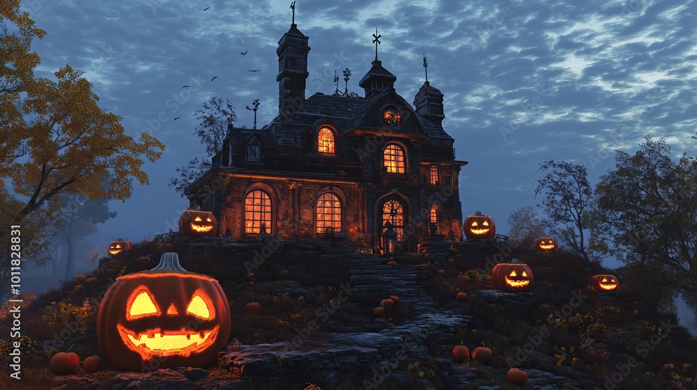 Creepy Halloween Scene with Spooky Pumpkins and Haunted Mansion Under a Full Moon at Night Creepy Halloween Scene with Spooky Pumpkins and Haunted Mansion Under a Full Moon at Night