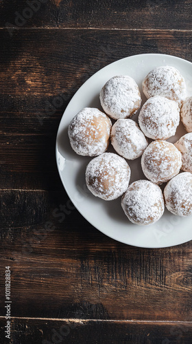Round cookies covered in powdered sugar on a dark brown wooden table with a white plate