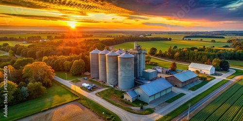 Aerial view of silos in rural Kaneville township at sunset , agriculture, farmland, cornfields, rural, countryside, landscape photo