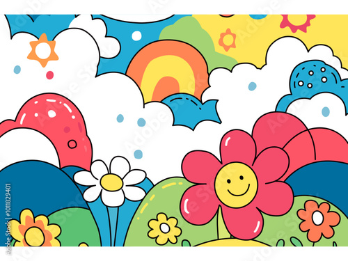 cute bright coloring book rainbows clouds childish doodle style vector illustration