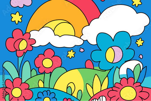 cute bright coloring book rainbows clouds childish doodle style vector illustration