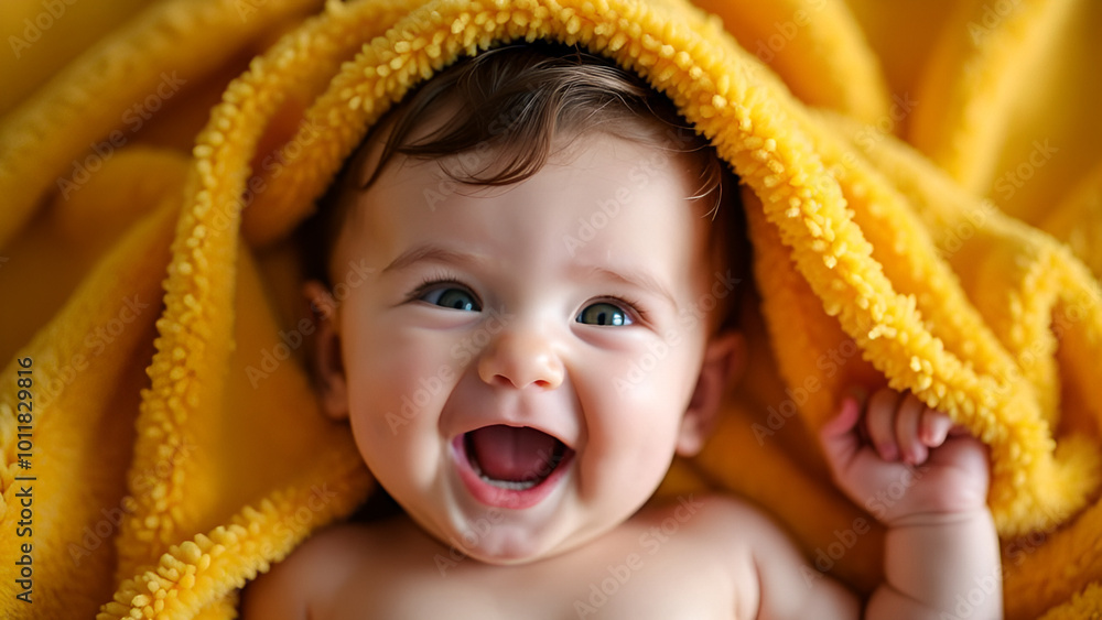 A joyful baby lying under a yellow blanket, demonstrating innocence, joy, and warmth, with a bright smile evoking feelings of happiness and love A joyful baby lying under a yellow blanket, demonstrating innocence, joy, and warmth, with a bright smile evoking feelings of happiness and love