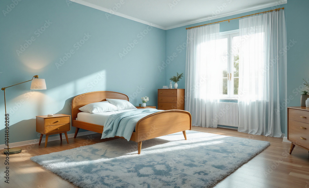 Fototapeta premium A serene bedroom with pastel blue walls and mid-century modern wooden furniture. The space features a cozy bed, soft lighting, and a plush rug.