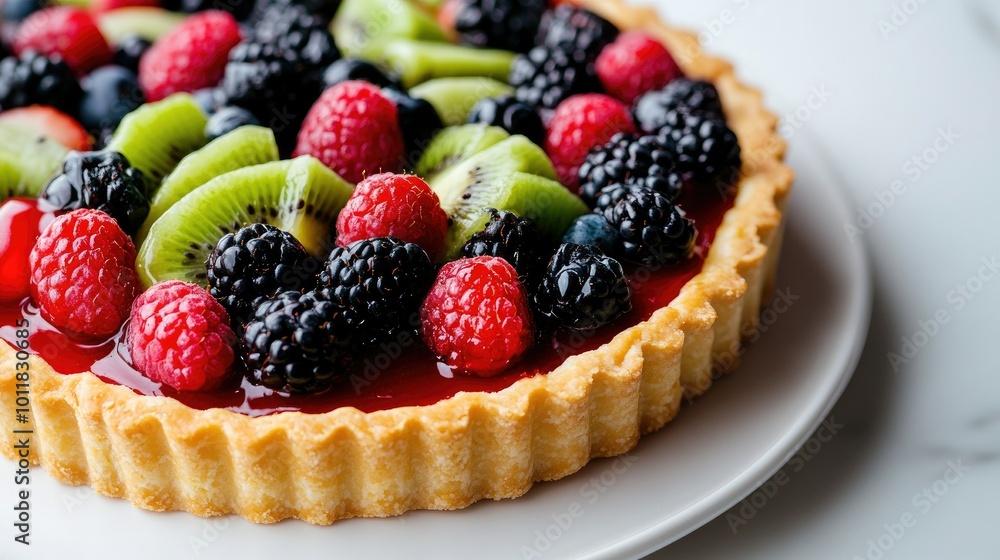 A delectable fruit tart adorned with vibrant berries, kiwi, and a glossy glaze, beautifully displayed on a white background, perfect for dessert menus. A delectable fruit tart adorned with vibrant berries, kiwi, and a glossy glaze, beautifully displayed on a white background, perfect for dessert menus.