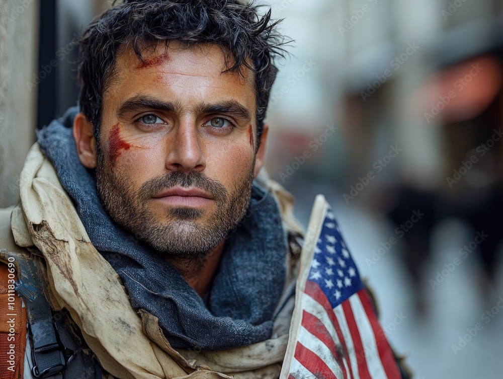 Portrait of a Determined Man Holding American Flag with Bruised Face — Concept of Patriotism and Resilience Portrait of a Determined Man Holding American Flag with Bruised Face — Concept of Patriotism and Resilience