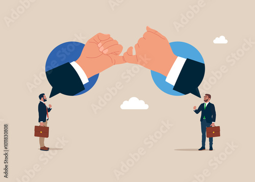 Hands are held by little fingers. Make peace with hand gesture joining pinkies swear not to argue or quarrel. Business deal, agreement, contract. Flat vector illustration