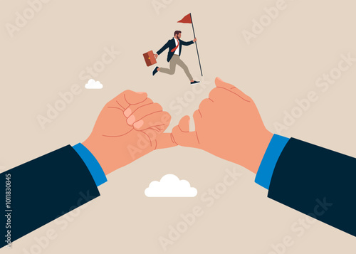 Businessman with flag running from hand to hand. Oath with hands on the little fingers. Business deal, agreement, contract. Joining pinkies swear not to argue or quarrel. Flat vector illustration.