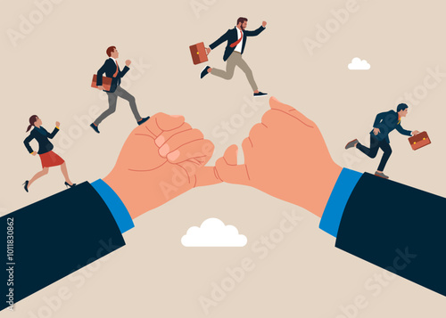 Hands are held by little fingers. Business team running from hand to hand. Business deal, agreement, contract. Flat vector illustration