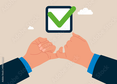 Successful oath with hands on the little fingers completed checkbox. Flat vector illustration