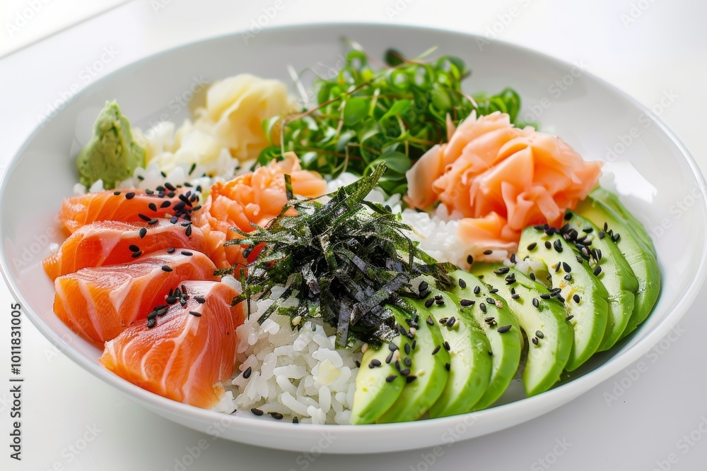 Fresh salmon avocado sushi bowl with rice Fresh salmon avocado sushi bowl with rice
