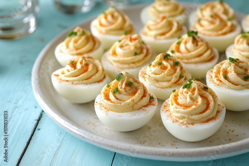 Plate of deviled eggs topped with paprika and fresh chives
