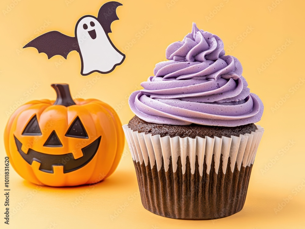 Halloween cupcake with purple frosting next to a carved pumpkin and ghost decoration. Halloween cupcake with purple frosting next to a carved pumpkin and ghost decoration.