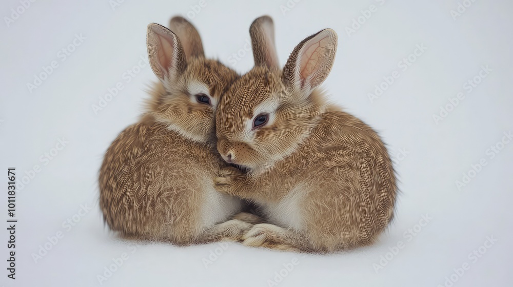 Obraz premium A delightful scene featuring two baby rabbits cuddling together, isolated on a clean white background, perfect for conveying warmth and companionship in pet photography.