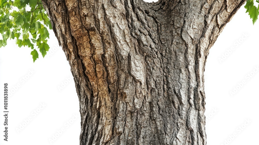 Fototapeta premium A detailed close-up of a tree trunk with branches and leaves, isolated on a white background, emphasizing the texture and organic structure of the tree.