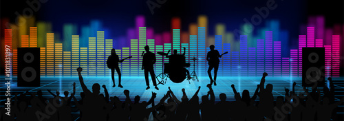 Crowd at concert with equalizer. Used for decoration, advertising design, websites or publications, banners, posters and brochures.