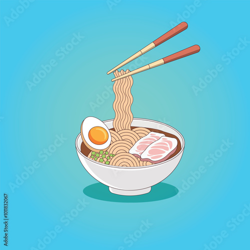 Cartoon Icon of Ramen Noodles with Chopsticks Vector Illustration
