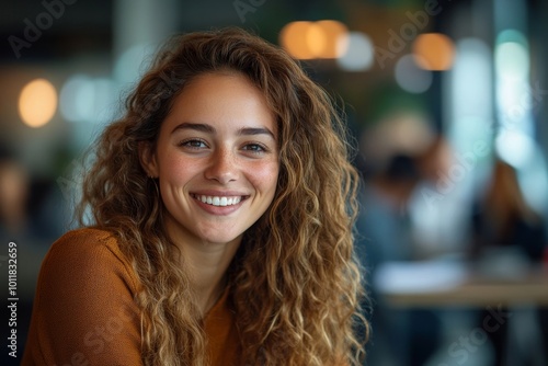 Smiling young business woman listening her partner on coworking space, Generative AI