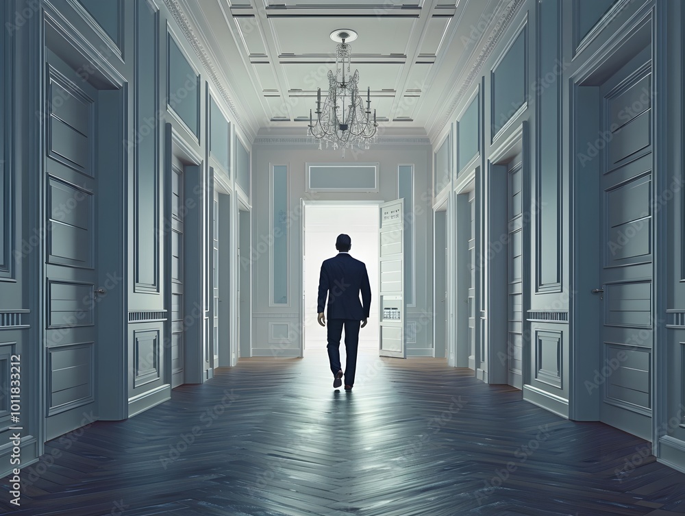 Fototapeta premium Corporate Leader Walking Through Hallway of Labeled Doors Deciding on Goals