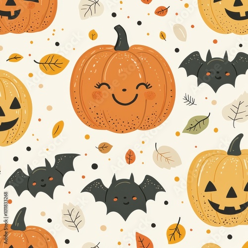 Cartoon Halloween pattern with pumpkins, bats, and autumn leaves on a light background