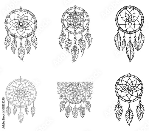 Minimalist vector depiction of a dream catcher outline, ideal for spiritual graphics.
