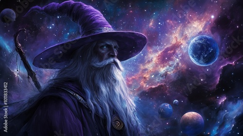 A wizard with a long, flowing beard and a purple hat stands against a starry night sky filled with planets.