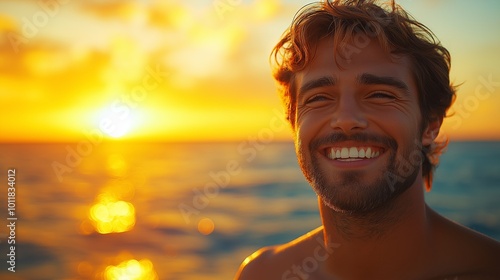 Man with a beard is smiling at the camera. He is wearing a shirt and shorts. The sun is setting in the background. someone laughing because he is happy