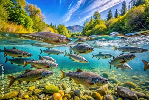 Alewives Fish Swimming in Clear Water, Freshwater Habitat, Natural Environment in River Ecosystem photo