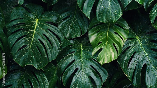Lush Green Leaves with Water Drops