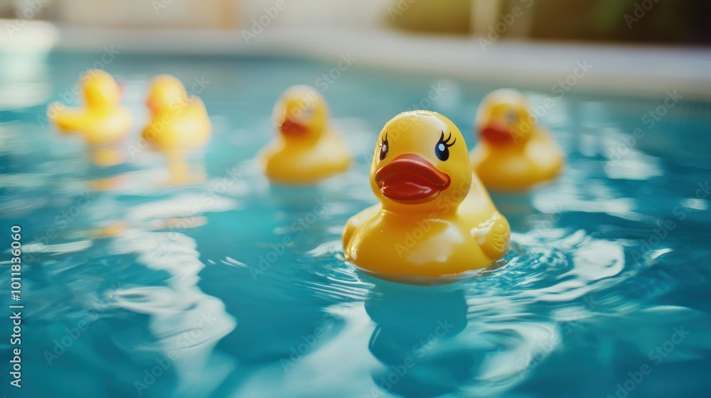 Yellow Rubber Duckies Floating in a Swimming Pool Yellow Rubber Duckies Floating in a Swimming Pool