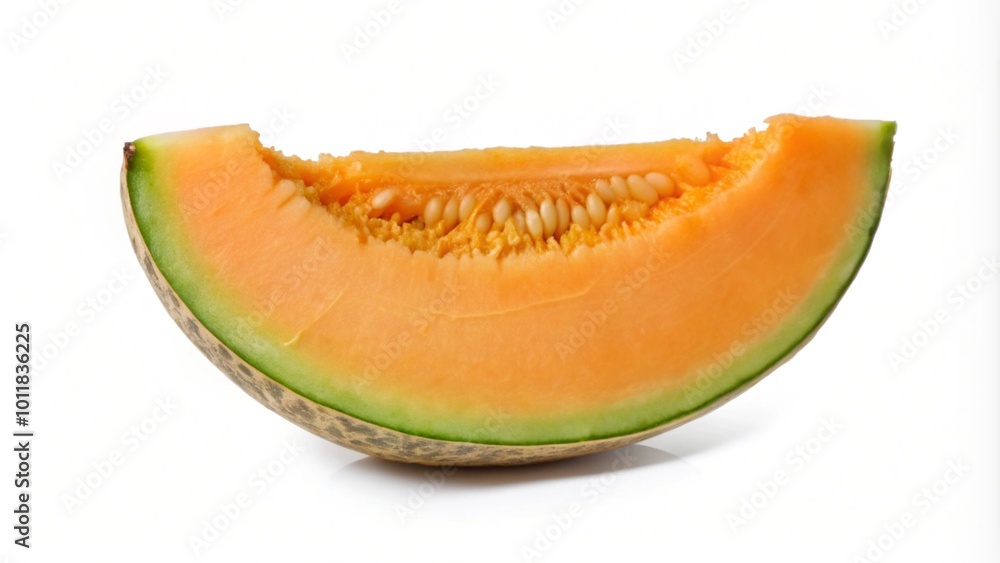 A slice of cantaloupe melon, cut in half, with seeds visible, isolated on a white background. A slice of cantaloupe melon, cut in half, with seeds visible, isolated on a white background.