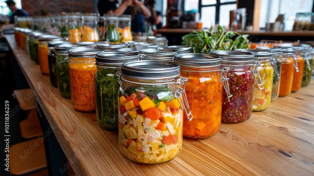 A fermentation workshop with jars of vegetables and fruits fermenting, while participants learn the benefits of fermented drinks A fermentation workshop with jars of vegetables and fruits fermenting, while participants learn the benefits of fermented drinks