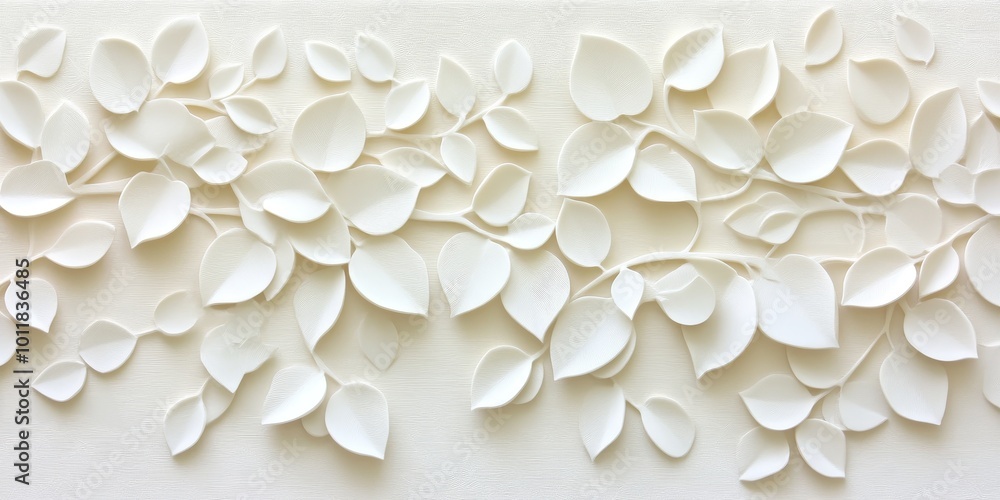 Leaf Patterns in Relief: Create an intricate 3D wall featuring delicate, overlapping leaf patterns in metallic or ceramic finishes. Leaf Patterns in Relief: Create an intricate 3D wall featuring delicate, overlapping leaf patterns in metallic or ceramic finishes.