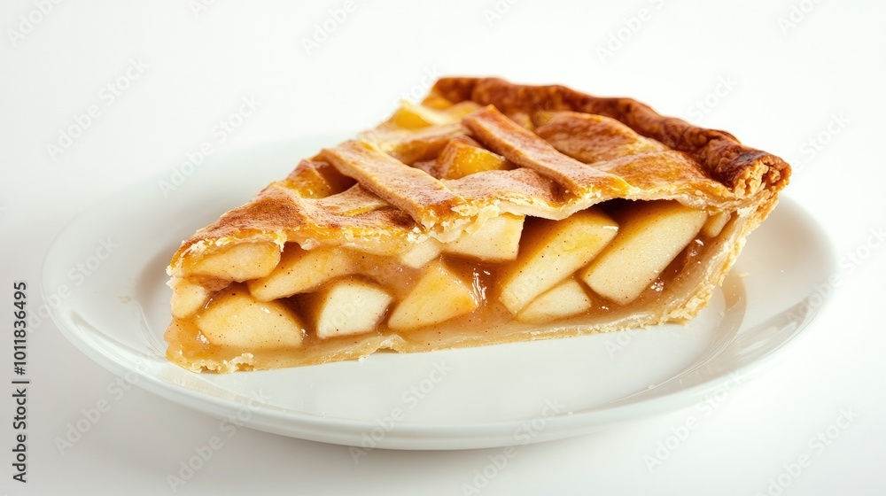 A single, elegantly sliced fruit pie revealing layers of apples and cinnamon, presented on a white plate against a pristine white background, ideal for bakery promotions. A single, elegantly sliced fruit pie revealing layers of apples and cinnamon, presented on a white plate against a pristine white background, ideal for bakery promotions.