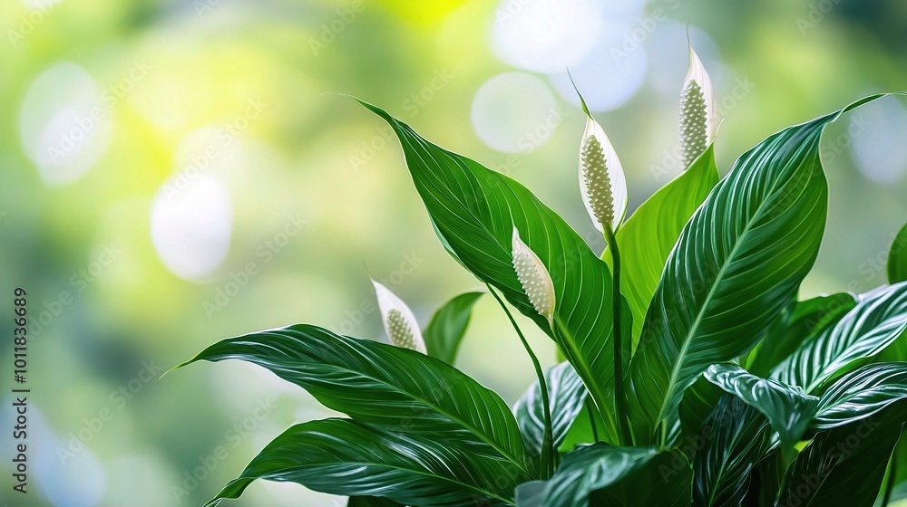 Lush Green Leaves with White Flowers in Soft Light Lush Green Leaves with White Flowers in Soft Light