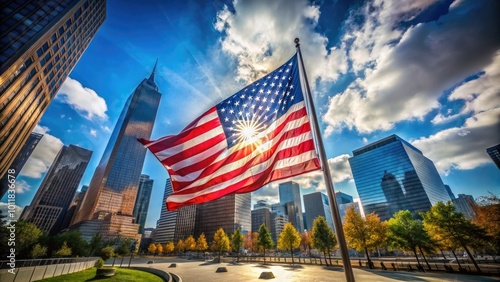 American flag waving proudly at Ground Zero, symbolizing resilience and hope after tragedy and loss