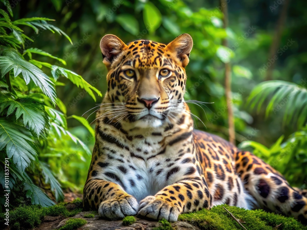 Fototapeta premium Amur Leopard Cat Resting Gracefully in a Natural Habitat Surrounded by Lush Greenery and Wildlife