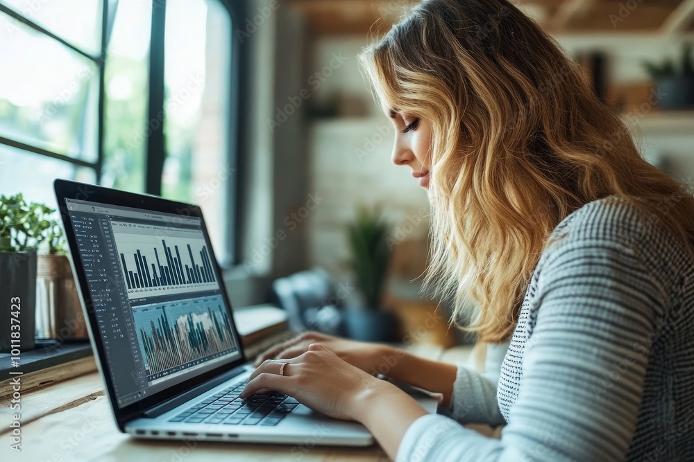 Businesswoman Analyzing Graph On Laptop, Generative AI Businesswoman Analyzing Graph On Laptop, Generative AI