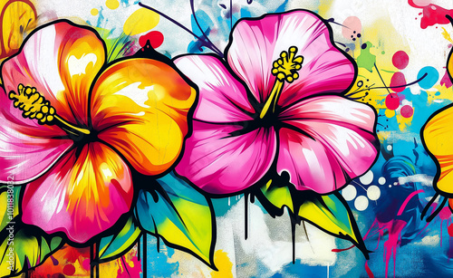 Wallpaper Mural Vibrant graffiti-style hibiscus flowers in pink and yellow on a colorful background, illustrating urban street art and floral themes. Torontodigital.ca
