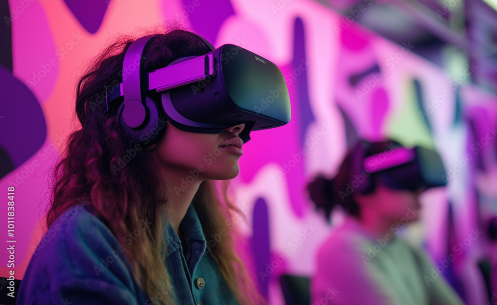 People wearing VR headsets and using computers in a neon-lit room, representing virtual reality and immersive technology experiences. People wearing VR headsets and using computers in a neon-lit room, representing virtual reality and immersive technology experiences.