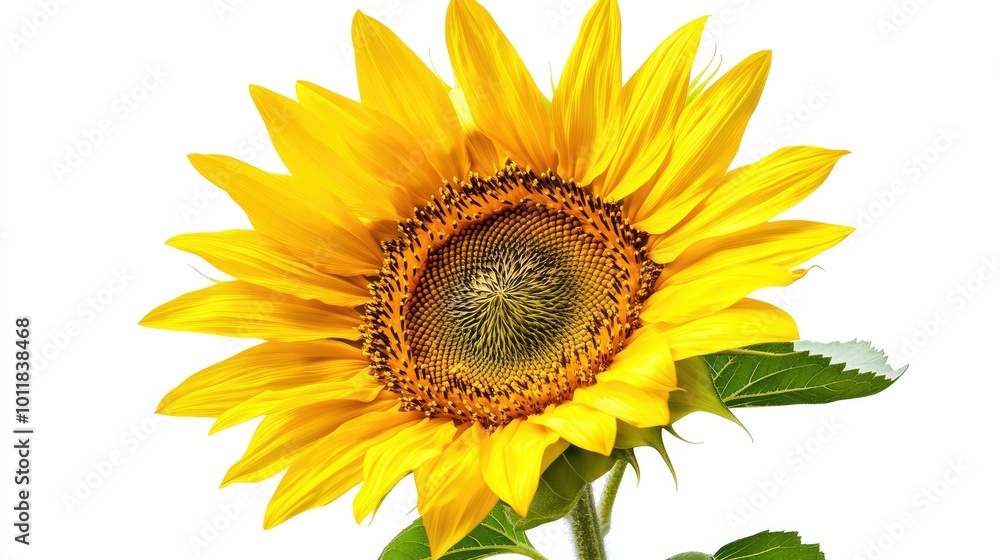 A sunflower in mid-bloom, with bright petals and a rich brown center, isolated on a clean white background, highlighting its natural beauty. A sunflower in mid-bloom, with bright petals and a rich brown center, isolated on a clean white background, highlighting its natural beauty.