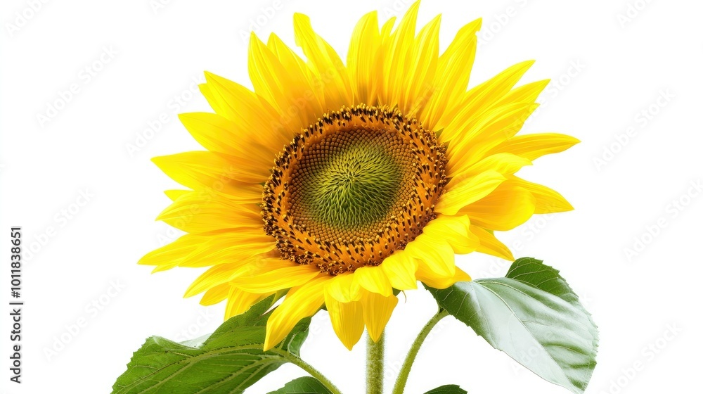 Fototapeta premium A sunflower standing tall with its iconic yellow petals and deep brown center, set against a pure white background, symbolizing summer and vitality.