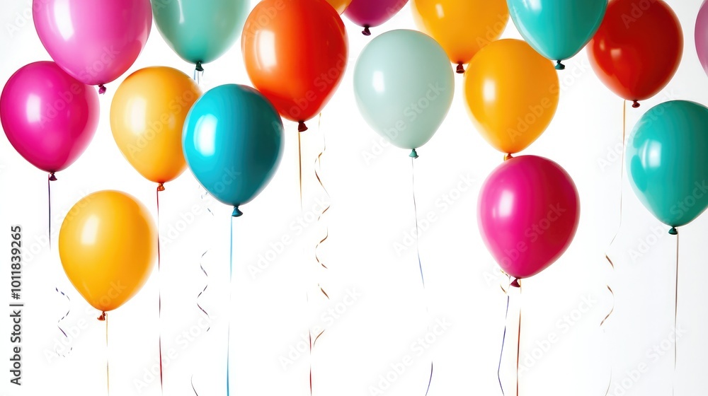A vibrant collection of colorful balloons floating gracefully, showcasing various shapes and sizes, all set against a clean white background for a festive feel. A vibrant collection of colorful balloons floating gracefully, showcasing various shapes and sizes, all set against a clean white background for a festive feel.