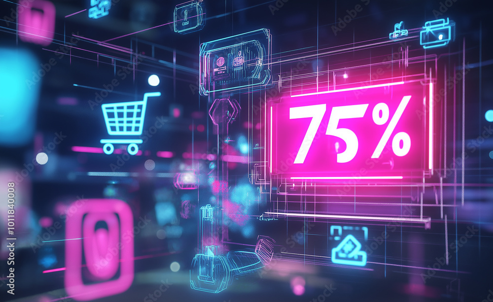 Neon glowing signs of shopping carts and discount symbols, representing online shopping, sales, and digital commerce. Neon glowing signs of shopping carts and discount symbols, representing online shopping, sales, and digital commerce.