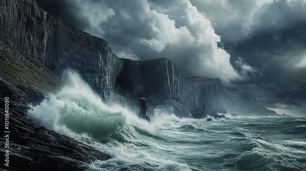 Obraz premium Stormy Waves Crash Against Cliffside Scenery