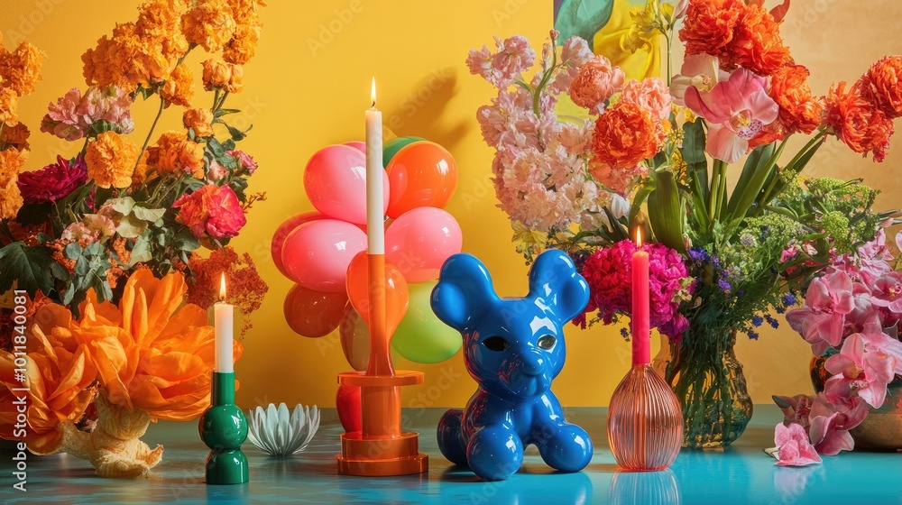 Fototapeta premium A vibrant living room scene featuring bold candle holders and a colorful balloon dog surrounded by lush flowers, all set against a clean backdrop for a modern aesthetic.