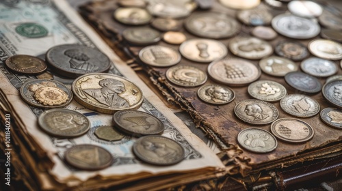 An old book with foreign coins, U.S. quarters and dimes, Canadian dollars, and a U.S. dollar bill, arranged in a nostalgic, vintage style.