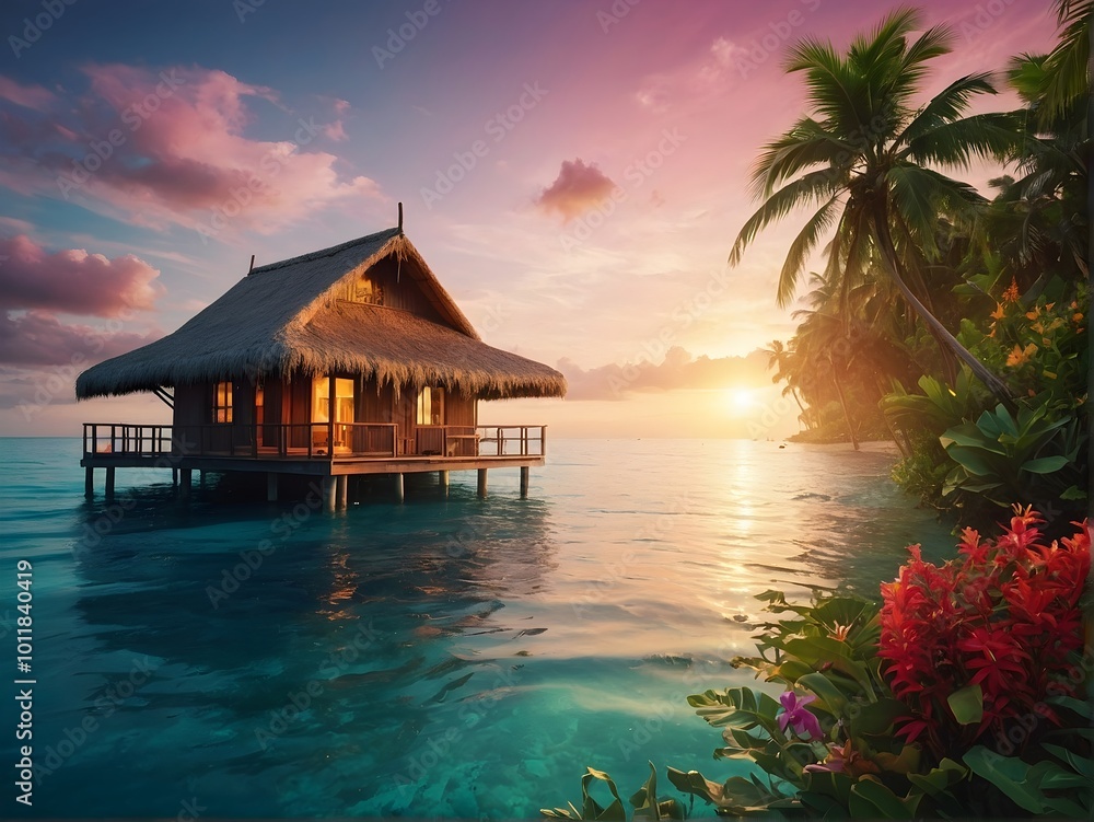 Experience the Serenity of a Tropical Beachfront Bungalow at Stunning Sunset Hours Experience the Serenity of a Tropical Beachfront Bungalow at Stunning Sunset Hours